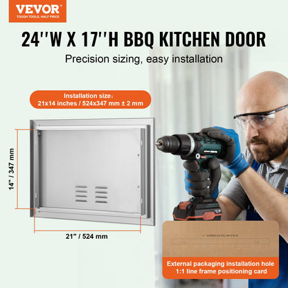 BBQ access door, 610x432 mm single outdoor kitchen door, stainless steel recessed door, vertical wall door with handle and vents, for BBQ Island, grill station, outdoor cabinet