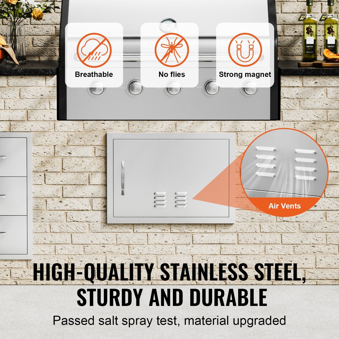BBQ access door, 610x432 mm single outdoor kitchen door, stainless steel recessed door, vertical wall door with handle and vents, for BBQ Island, grill station, outdoor cabinet