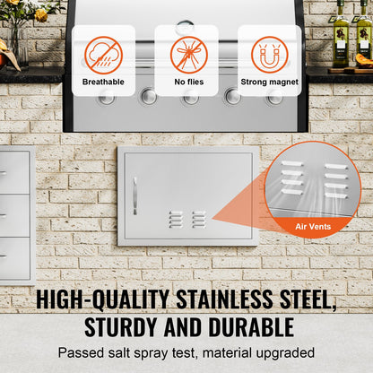 BBQ access door, 610x432 mm single outdoor kitchen door, stainless steel recessed door, vertical wall door with handle and vents, for BBQ Island, grill station, outdoor cabinet