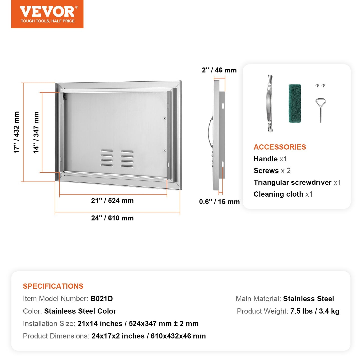 BBQ access door, 610x432 mm single outdoor kitchen door, stainless steel recessed door, vertical wall door with handle and vents, for BBQ Island, grill station, outdoor cabinet