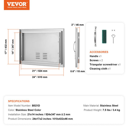 BBQ access door, 610x432 mm single outdoor kitchen door, stainless steel recessed door, vertical wall door with handle and vents, for BBQ Island, grill station, outdoor cabinet