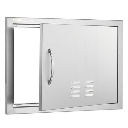 BBQ access door, 610x432 mm single outdoor kitchen door, stainless steel recessed door, vertical wall door with handle and vents, for BBQ Island, grill station, outdoor cabinet