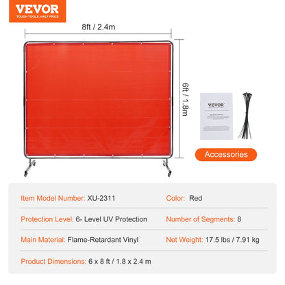 Svetsskärm med ram, 6' x 8' svetsgardinskärm, flamsäker vinylsvetsskyddsskärm på 4 svängbara hjul (2 låsbara), rörlig & professionell för verkstad/industri, röd
