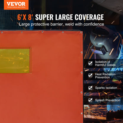 Svetsskärm med ram, 6' x 8' svetsgardinskärmar, flamsäker vinylsvetsskyddsskärm med 4 svängbara hjul (2 låsbara) & transparent fönster för verkstad/industri, röd