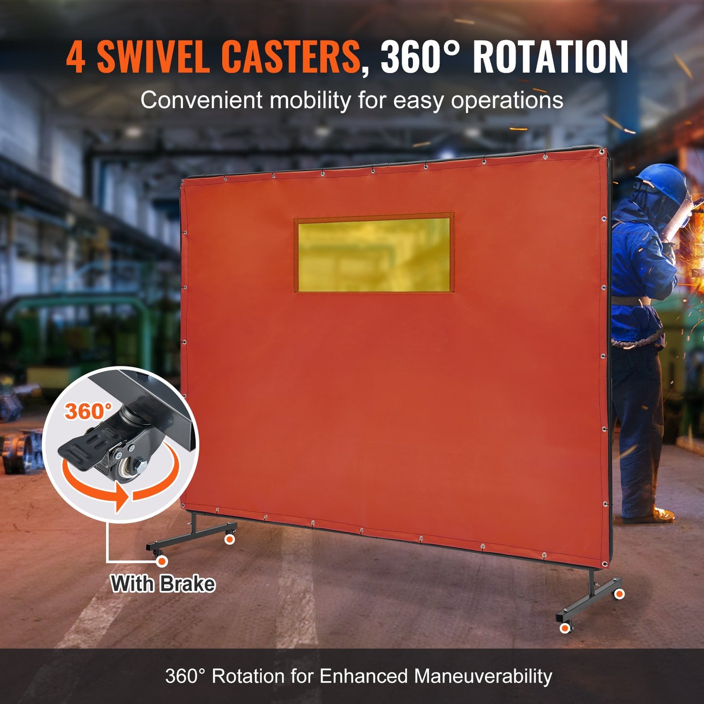 Svetsskärm med ram, 6' x 8' svetsgardinskärmar, flamsäker vinylsvetsskyddsskärm med 4 svängbara hjul (2 låsbara) & transparent fönster för verkstad/industri, röd