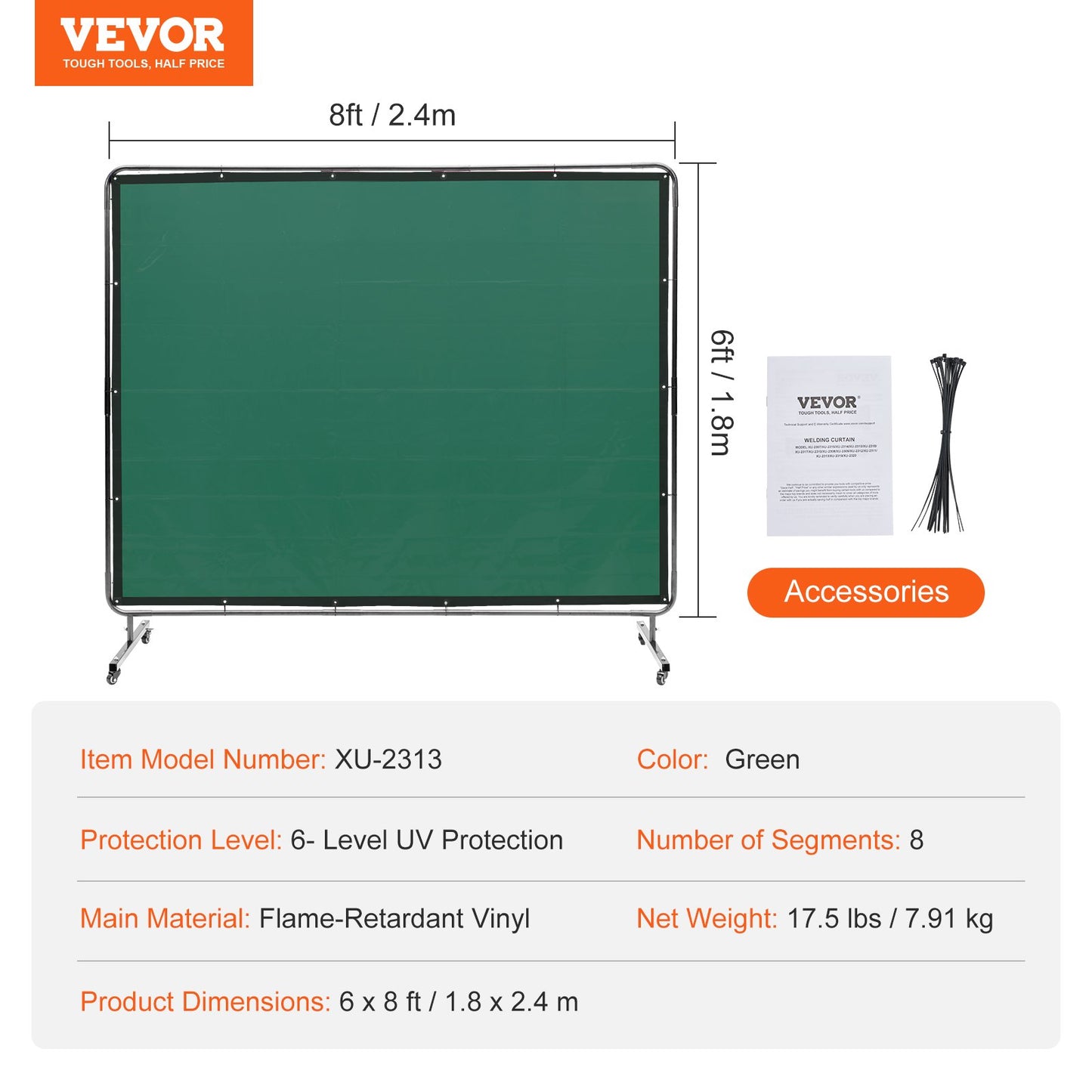 Svetsskärm med ram, 6' x 8' svetsgardinskärm, flamsäker vinylsvetsskyddsskärm på 4 svängbara hjul (2 låsbara), rörlig & professionell för verkstad/industri, grön