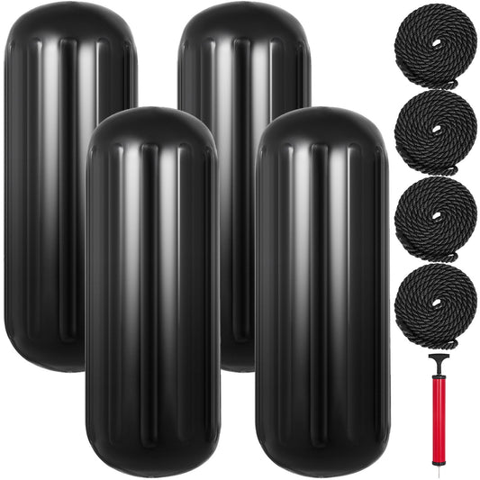 4 Ribbed Boat Fenders 10"x28" Black Center Hole Bumpers Förtöjningsskydd