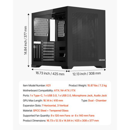 Mid-Tower ATX PC-chassi med dubbla kammare, speldatorchassi, ingen fläkt ingår |  EU