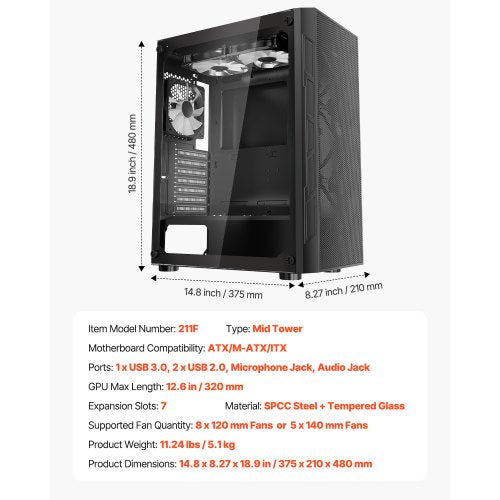 Mid-Tower ATX PC Gaming Chassin Datorchassi med 3 x 120 mm ARGB-fläktar |  EU