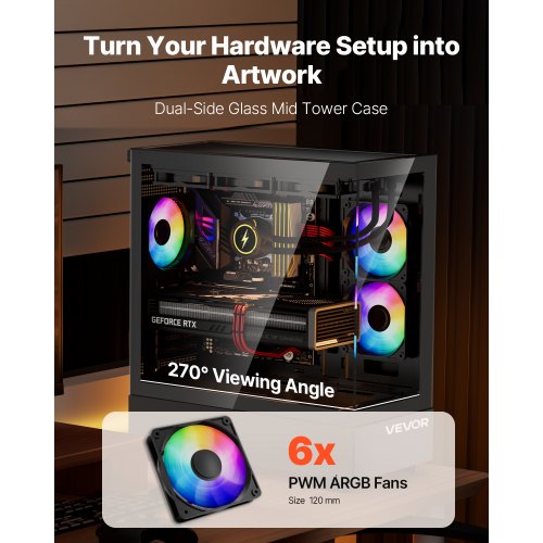 Mid-Tower ATX PC Gaming Chassin Datorchassi med 6 x 120 mm PWM ARGB-fläktar |  EU
