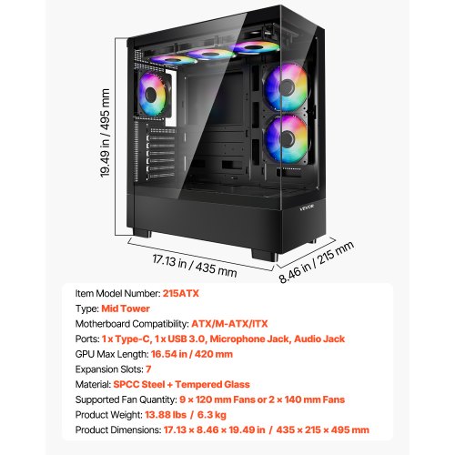 Mid-Tower ATX PC Gaming Chassin Datorchassi med 6 x 120 mm PWM ARGB-fläktar |  EU