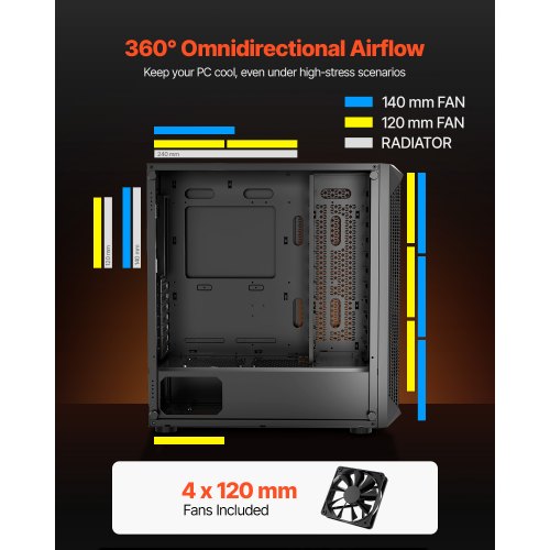 PC Gaming Case Midi Tower Computer Case 4 x 120 mm Fans for ATX/M-ATX/ITX | EU