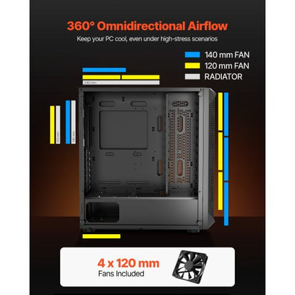 PC Gaming Case Midi Tower Computer Case 4 x 120 mm Fans for ATX/M-ATX/ITX | EU