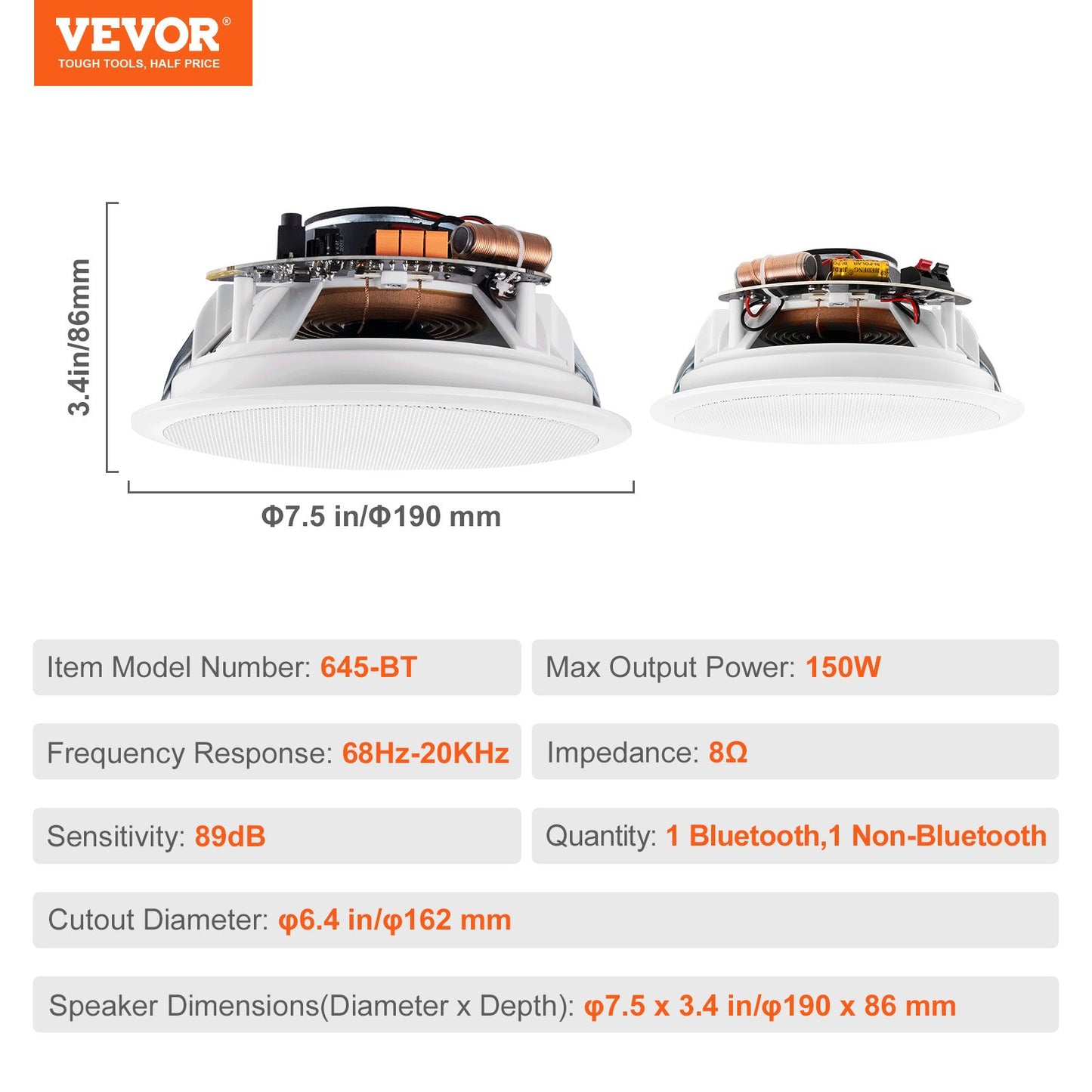 2 PCs 6,5'' Bluetooth takhögtalare 150W infälld vägghögtalare