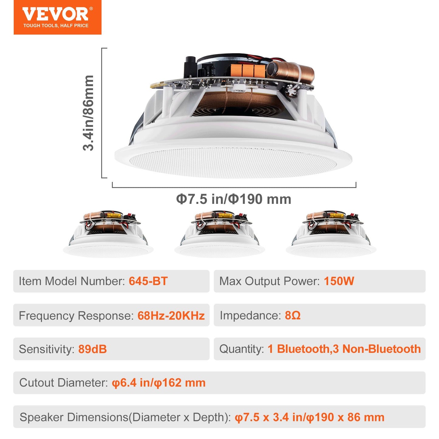 4 PC 6,5'' Bluetooth takhögtalare 150W infälld vägghögtalare