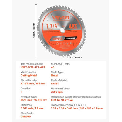 cirkelsågblad, 185 mm diameter, 48 vassa legeringständer, 15,875 mm spindel, fin yta, metallskärblad för cirkelsåg, med ljudreducerande värmeventiler, för skärning av stål och aluminium |  EU