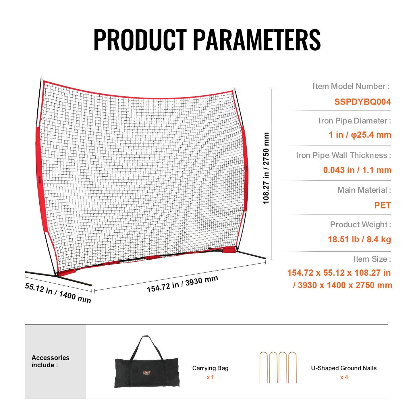 Barricade Backstop Net, 12x9 ft Ball Sports Barriärnät, Bärbar träningsutrustning med bärväska, Skyddsskärm för Baseball Softball Lacrosse Fotboll Hockeyträning, för bakgård