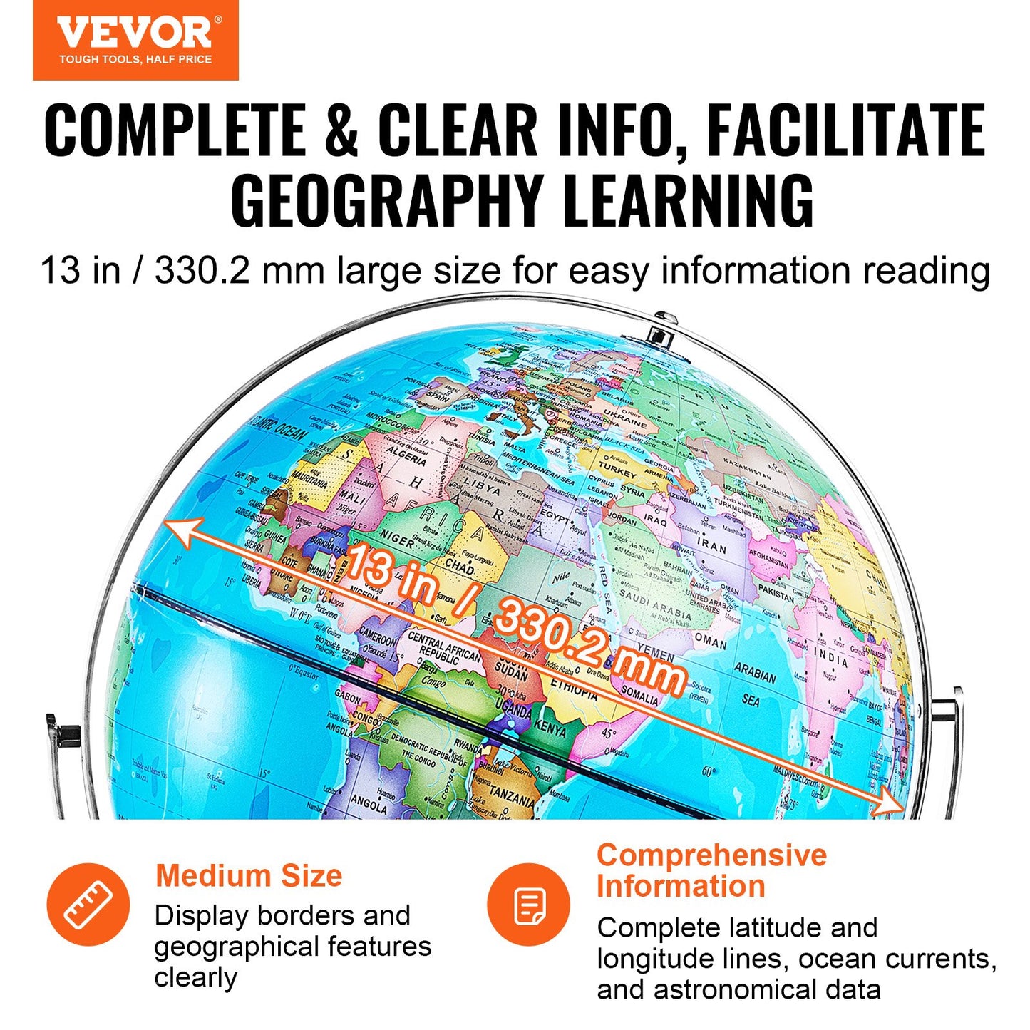 Rotierender Weltglobus mit Ständer, 13 Zoll/330,2 mm, pädagogischer geografischer Globus mit genauer Zeitzone, ABS-Material, 720° drehbarer Globus für Kinder, die im Klassenzimmer Geographie lernen (Kartensprache: Englisch)