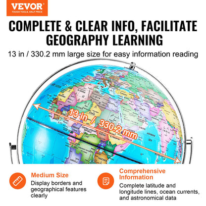 Rotierender Weltglobus mit Ständer, 13 Zoll/330,2 mm, pädagogischer geografischer Globus mit genauer Zeitzone, ABS-Material, 720° drehbarer Globus für Kinder, die im Klassenzimmer Geographie lernen (Kartensprache: Englisch)