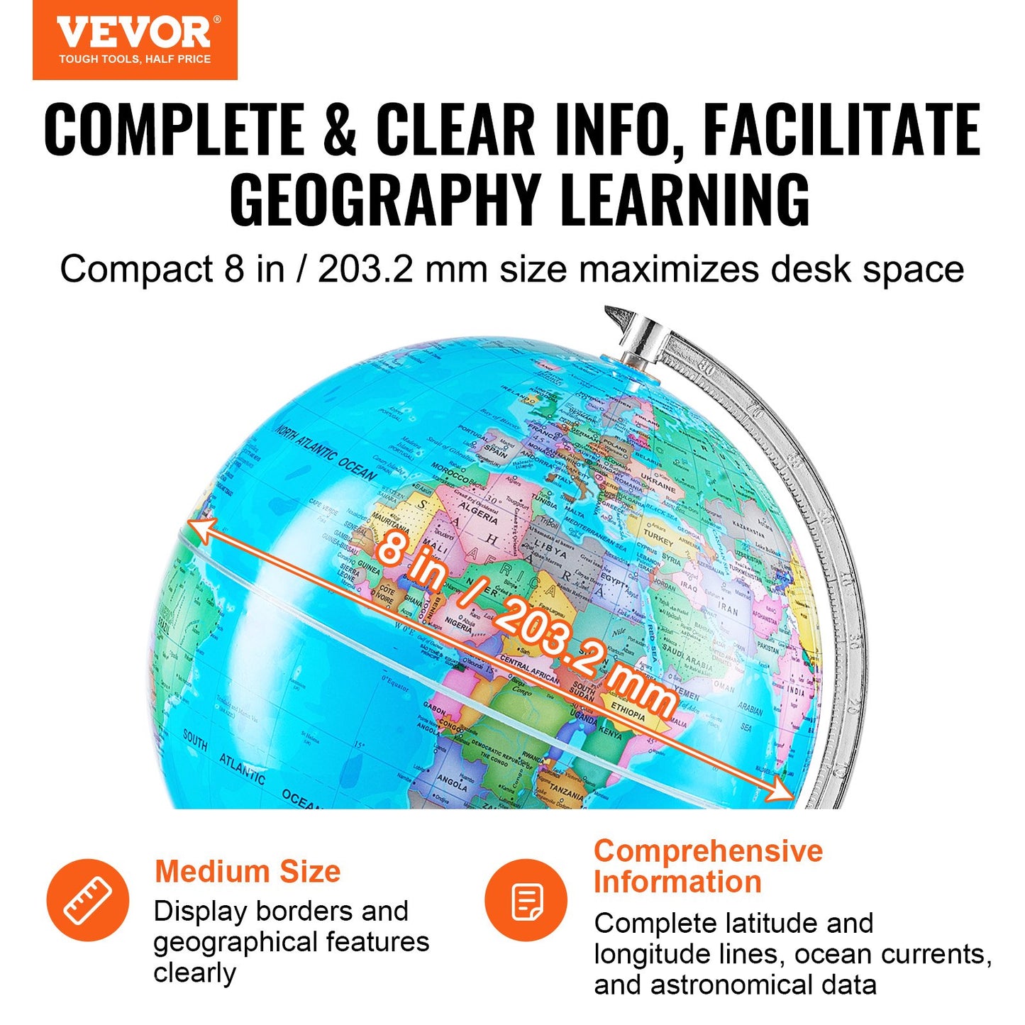 Rotating World Globe med stativ, 8 tum/203,2 mm, pedagogisk geografisk jordklot med exakt tidszon ABS-material, 360° snurrande klot för barn Barn som lär sig klassrumsgeografiutbildning (Kartspråk: engelska)