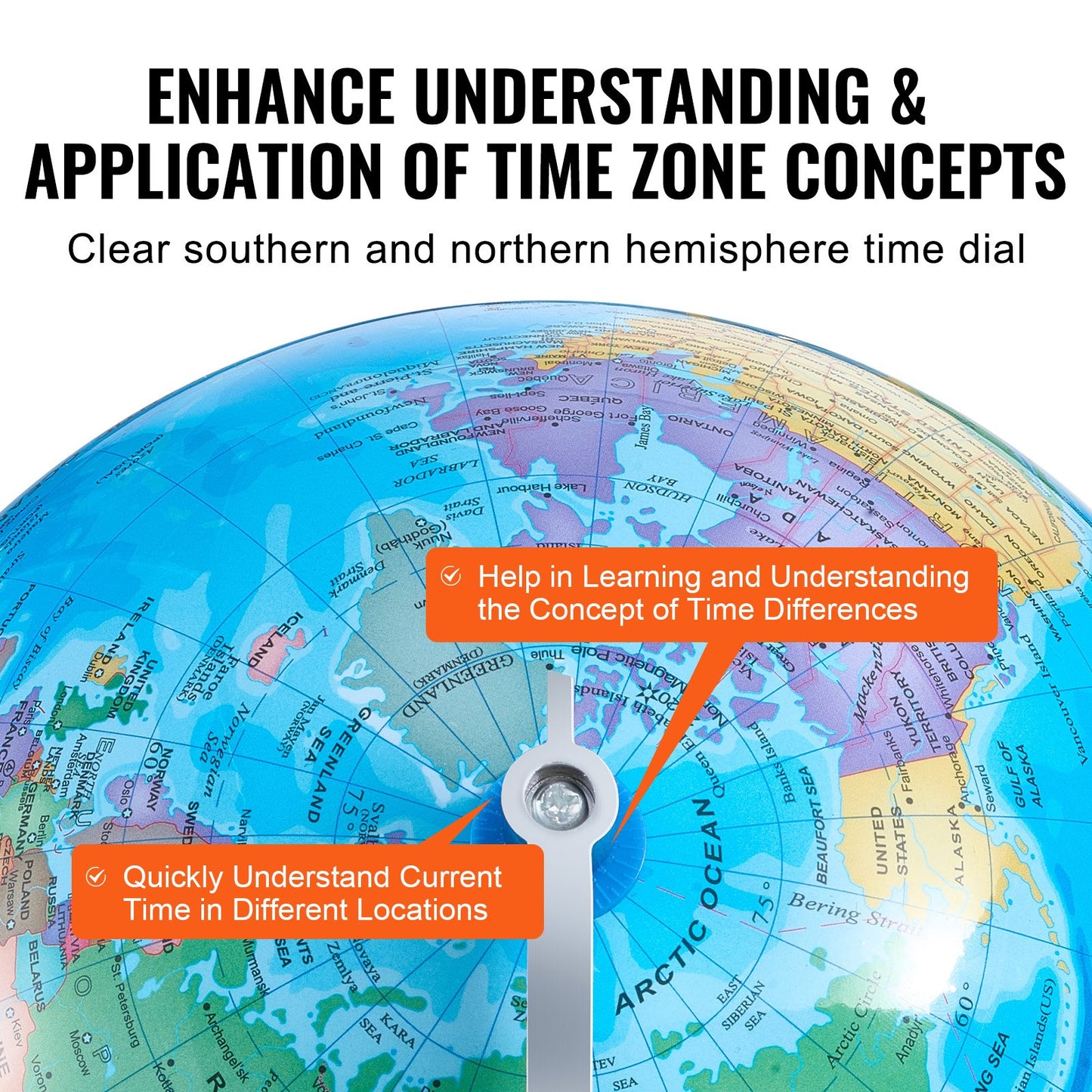Rotating World Globe med stativ, 8 tum/203,2 mm, pedagogisk geografisk jordklot med exakt tidszon ABS-material, 360° snurrande klot för barn Barn som lär sig klassrumsgeografiutbildning (Kartspråk: engelska)