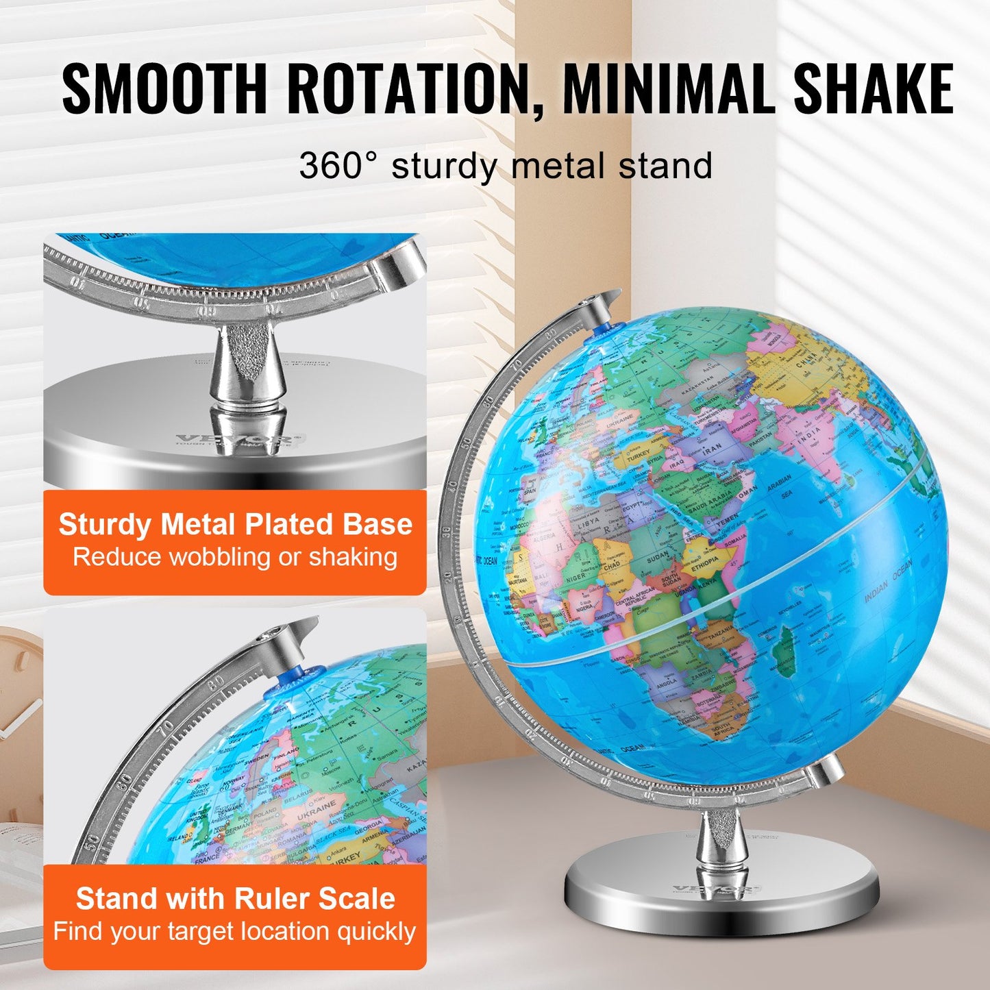 Rotating World Globe med stativ, 8 tum/203,2 mm, pedagogisk geografisk jordklot med exakt tidszon ABS-material, 360° snurrande klot för barn Barn som lär sig klassrumsgeografiutbildning (Kartspråk: engelska)