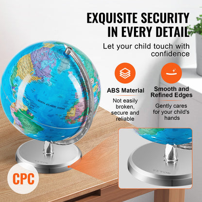 Rotating World Globe med stativ, 8 tum/203,2 mm, pedagogisk geografisk jordklot med exakt tidszon ABS-material, 360° snurrande klot för barn Barn som lär sig klassrumsgeografiutbildning (Kartspråk: engelska)
