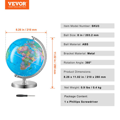 Rotating World Globe med stativ, 8 tum/203,2 mm, pedagogisk geografisk jordklot med exakt tidszon ABS-material, 360° snurrande klot för barn Barn som lär sig klassrumsgeografiutbildning (Kartspråk: engelska)