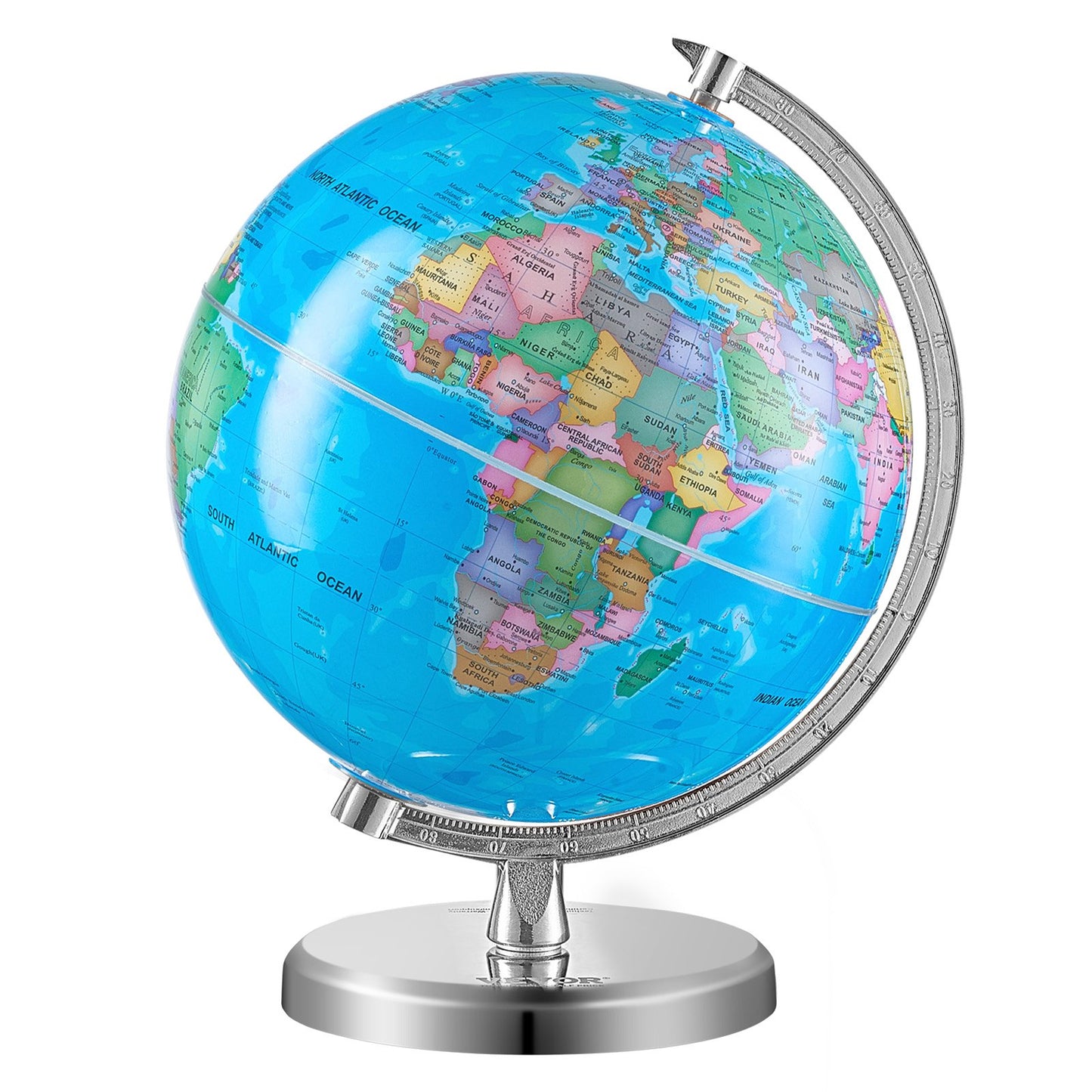 Rotating World Globe med stativ, 8 tum/203,2 mm, pedagogisk geografisk jordklot med exakt tidszon ABS-material, 360° snurrande klot för barn Barn som lär sig klassrumsgeografiutbildning (Kartspråk: engelska)