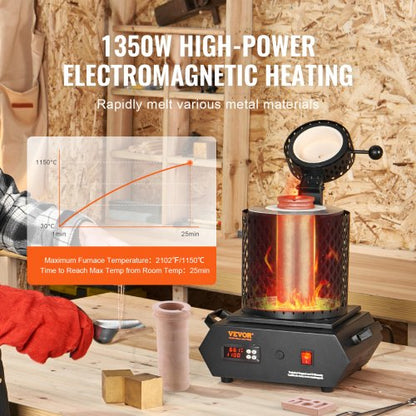 Guldsmältugn, 1350W, 1150°C maxtemperatur, digital elektrisk smältugn med 1 kg och 3 kg keramiska deglar, degeltång och handskar, för guld, silver, aluminium, koppar |  EU