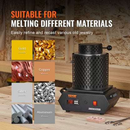 Guldsmältugn, 1350W, 1150°C maxtemperatur, digital elektrisk smältugn med 1 kg och 3 kg keramiska deglar, degeltång och handskar, för guld, silver, aluminium, koppar |  EU