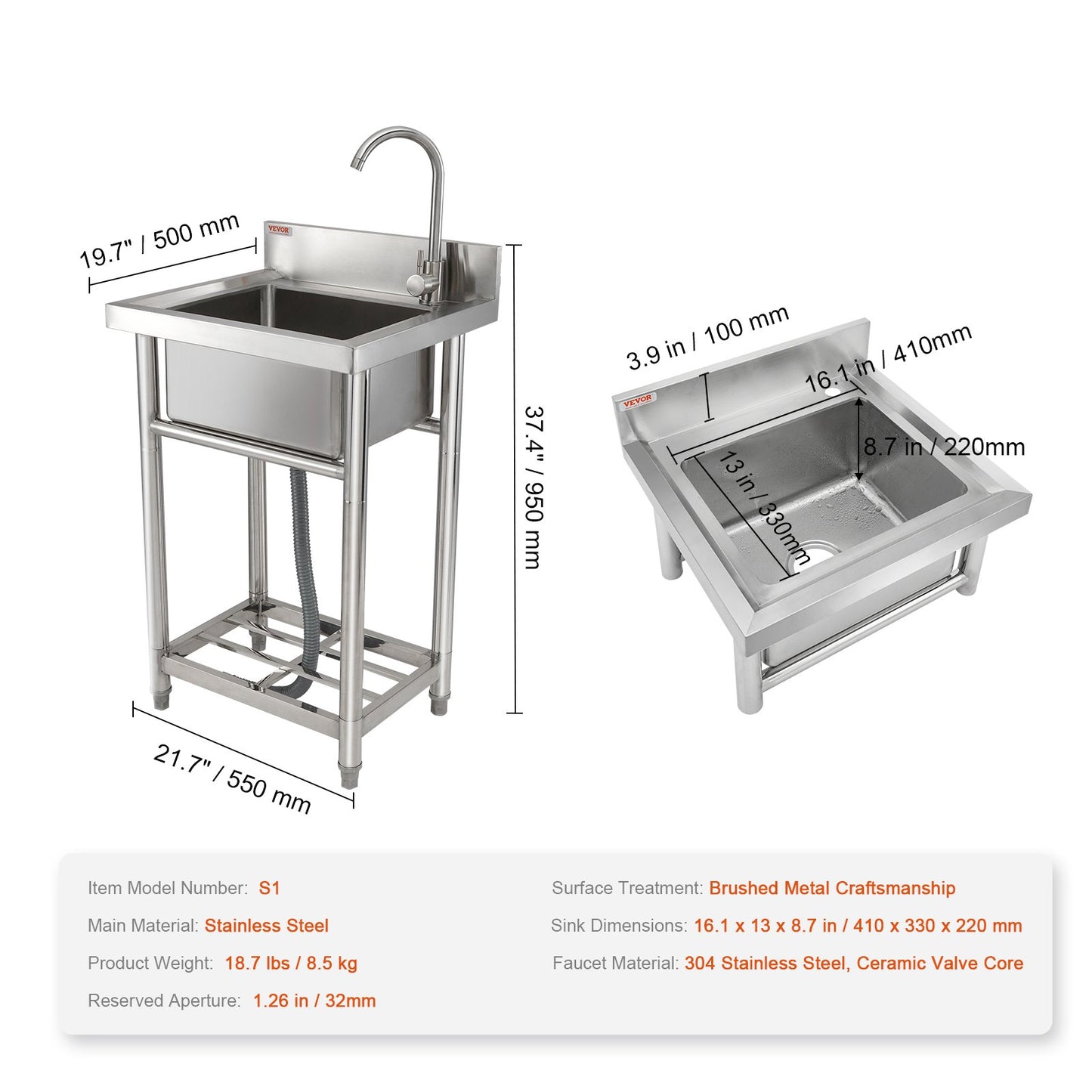 Rostfritt stål handfat, 1 fack fristående liten diskbänk inkluderar kran och ben, 16 x 13 x 8,7 i kommersiella diskbänkar för garage, restaurang, kök, tvätt, NSF-certifierad