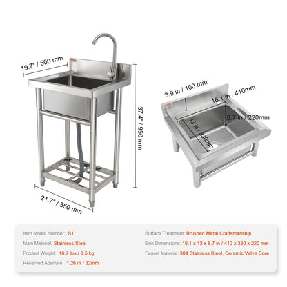 Rostfritt stål handfat, 1 fack fristående liten diskbänk inkluderar kran och ben, 16 x 13 x 8,7 i kommersiella diskbänkar för garage, restaurang, kök, tvätt, NSF-certifierad
