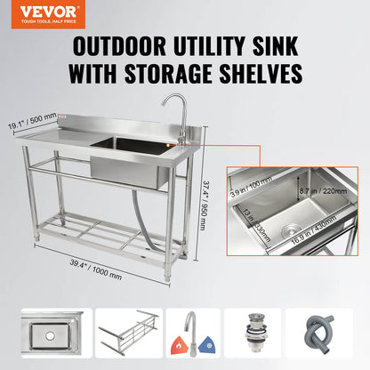 Stainless Steel Sink, Freestanding Single Bowl Commercial Sink Set with Worktop, 39.4 x 19.1 x 37.4 in Commercial Sinks for Garage, Restaurant, Laundry, NSF Certified