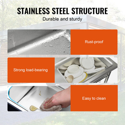 Stainless Steel Sink, Freestanding Single Bowl Commercial Sink Set with Worktop, 39.4 x 19.1 x 37.4 in Commercial Sinks for Garage, Restaurant, Laundry, NSF Certified