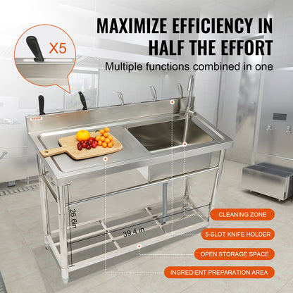 Stainless Steel Sink, Freestanding Single Bowl Commercial Sink Set with Worktop, 39.4 x 19.1 x 37.4 in Commercial Sinks for Garage, Restaurant, Laundry, NSF Certified