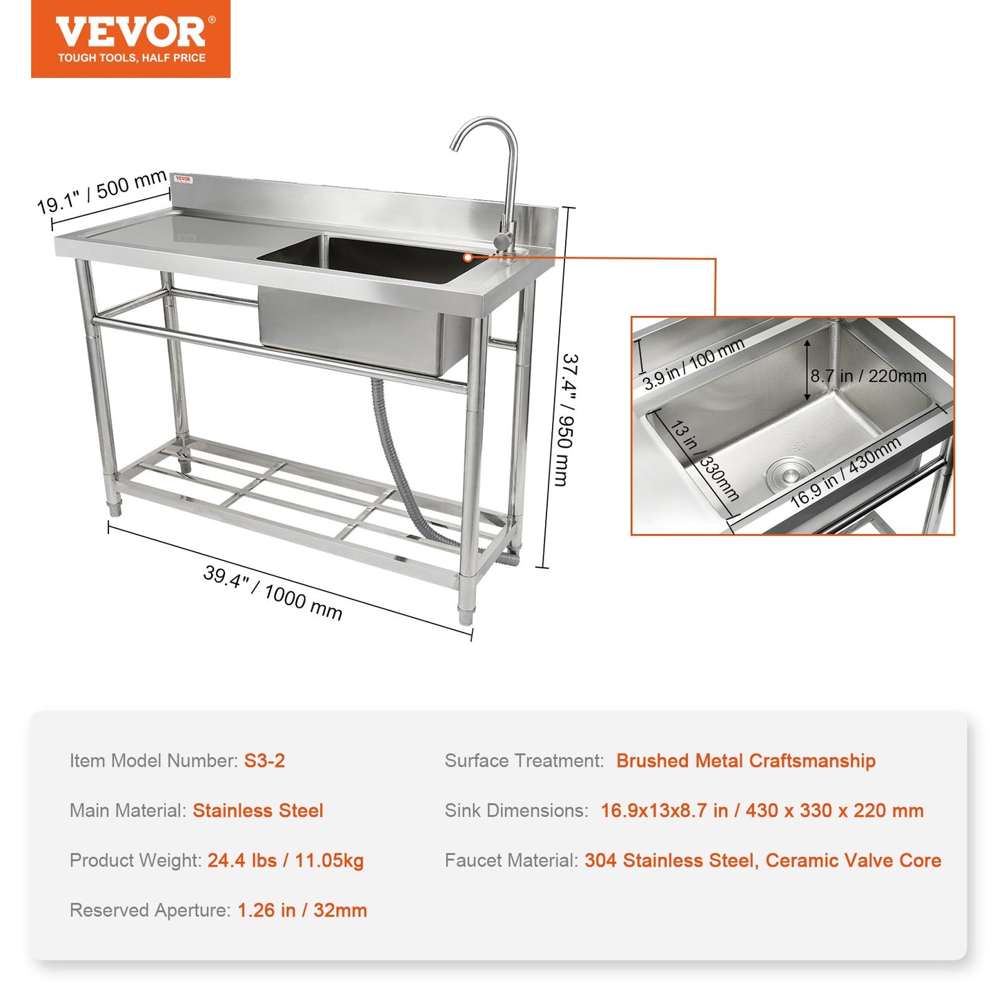Stainless Steel Sink, Freestanding Single Bowl Commercial Sink Set with Worktop, 39.4 x 19.1 x 37.4 in Commercial Sinks for Garage, Restaurant, Laundry, NSF Certified