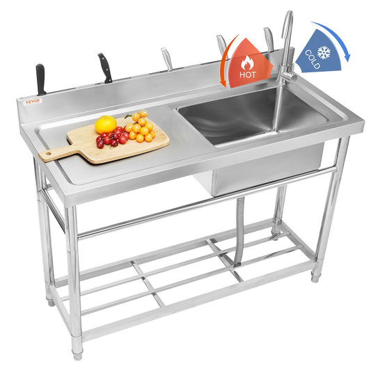 Stainless Steel Sink, Freestanding Single Bowl Commercial Sink Set with Worktop, 39.4 x 19.1 x 37.4 in Commercial Sinks for Garage, Restaurant, Laundry, NSF Certified