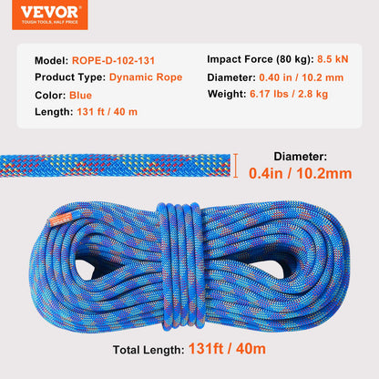 10,2 mm dynamisches Kletterseil, 40 m (131 Fuß), Outdoor-Kletterseil, Blau