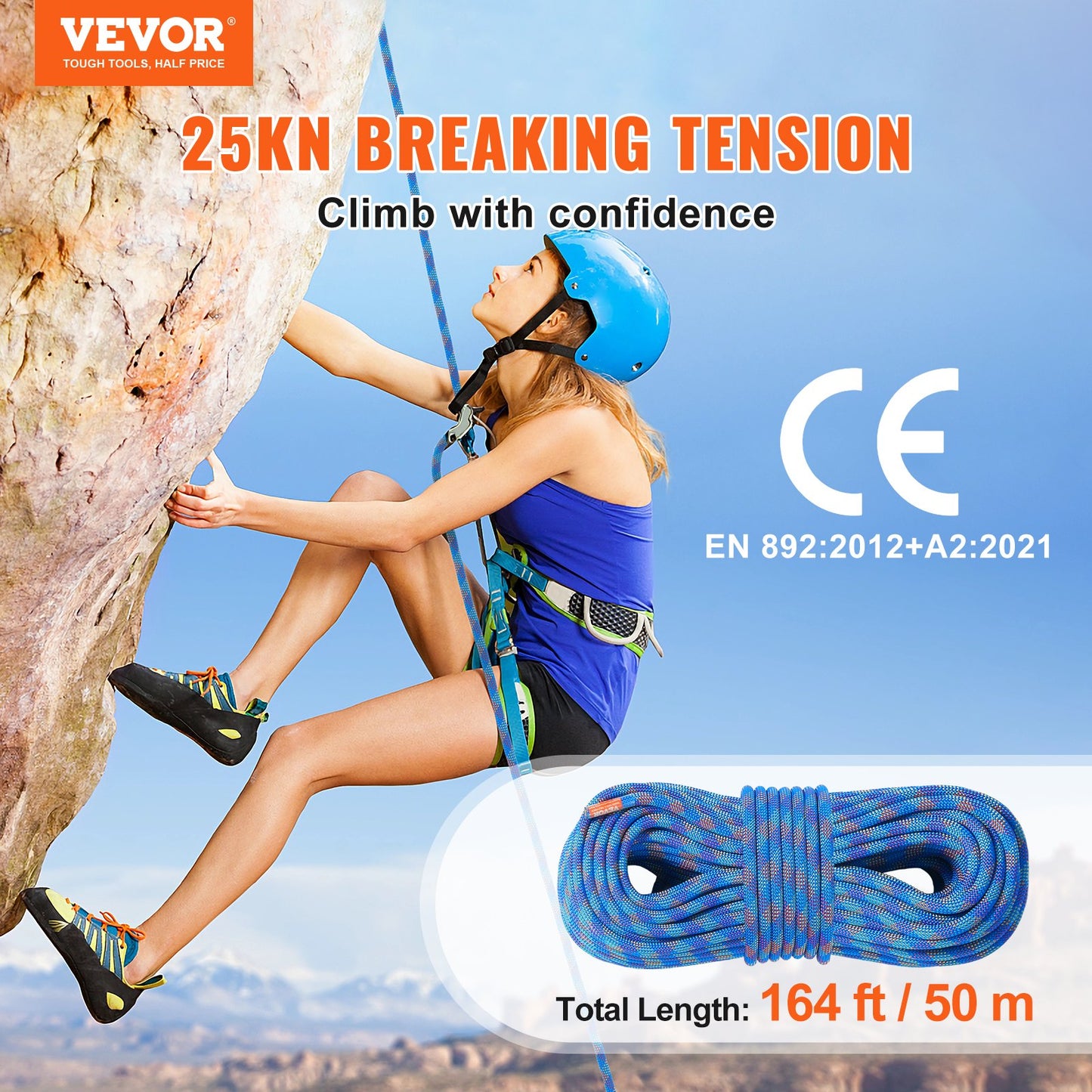 10.2mm Dynamic Climbing Rope 50M (164ft) Outdoor Climbing Rope Blue