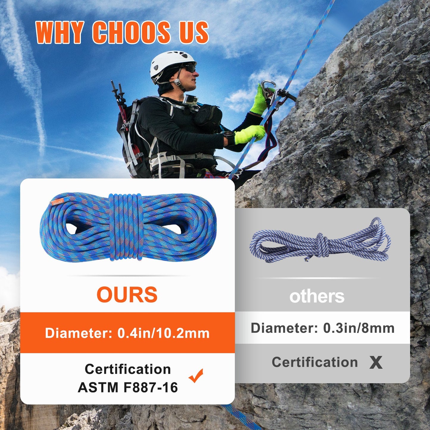 10.2mm Dynamic Climbing Rope 50M (164ft) Outdoor Climbing Rope Blue