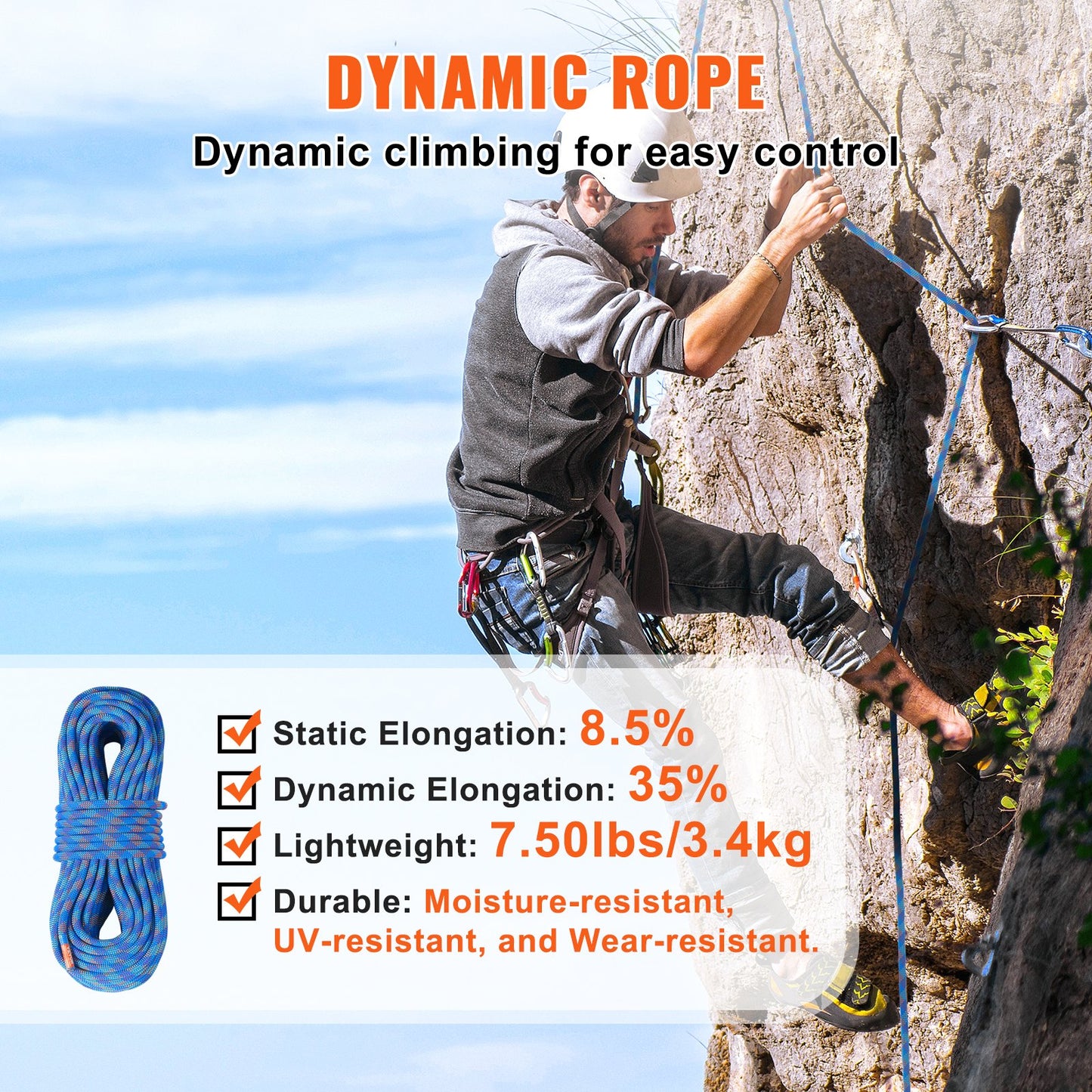 10.2mm Dynamic Climbing Rope 50M (164ft) Outdoor Climbing Rope Blue