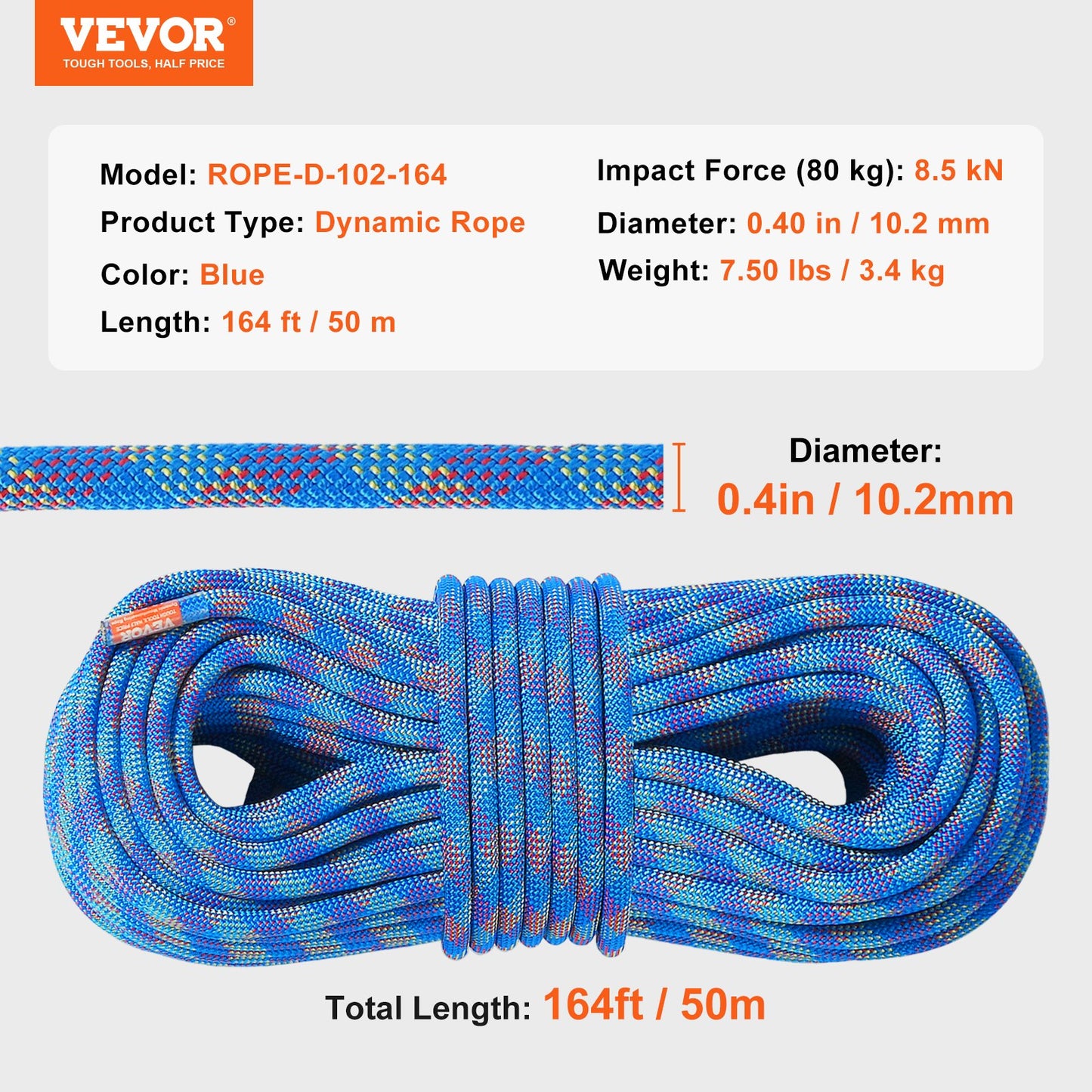 10.2mm Dynamic Climbing Rope 50M (164ft) Outdoor Climbing Rope Blue