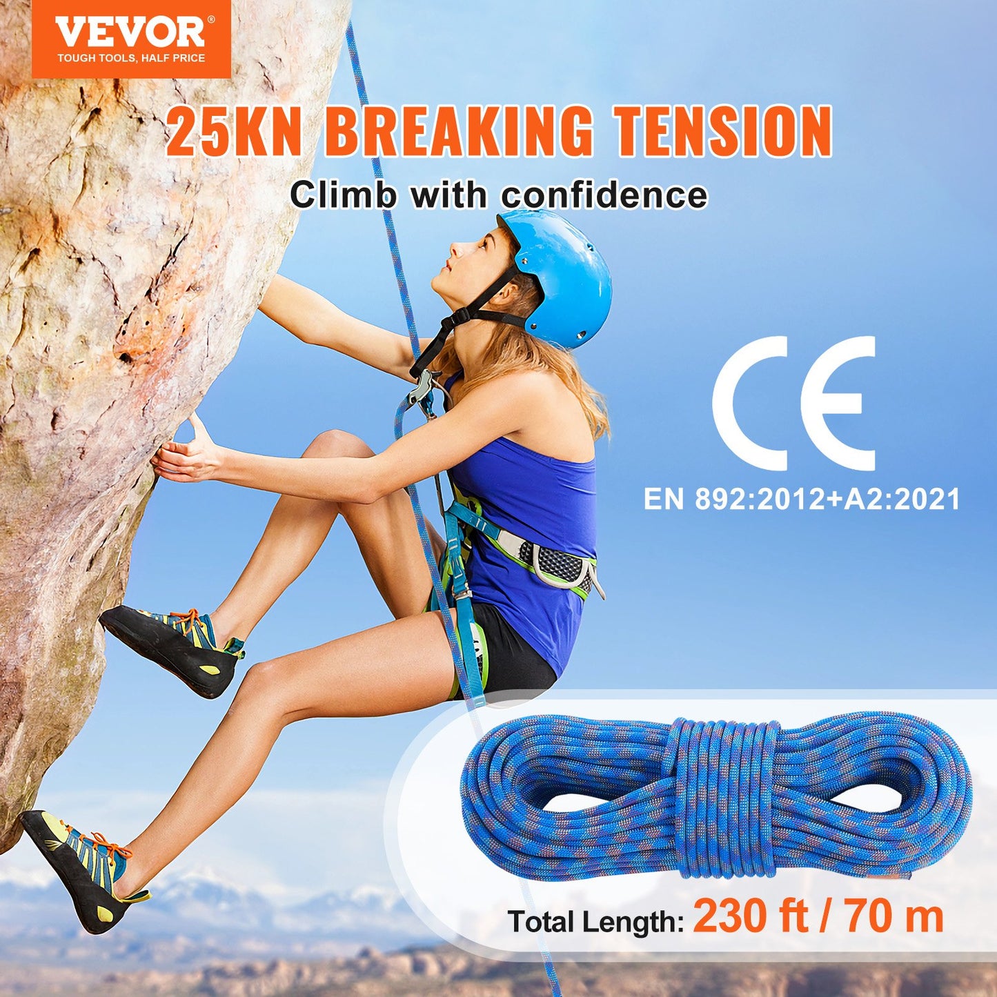 10,2 mm dynamisches Kletterseil, 70 m (230 Fuß), Outdoor-Kletterseil, blau