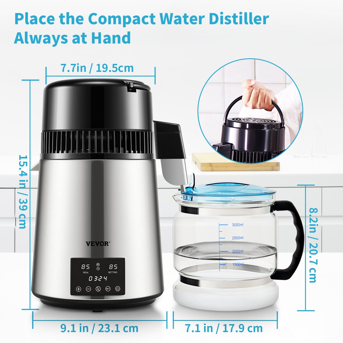 Wasserdestilliergerät, 1 l/h, 4 l destillierter Wasserbereiter mit 0-99-h-Zeitsteuerung, 750-W-Wasserreiniger für die Arbeitsplatte mit doppelter Temperaturanzeige, Glaskaraffe-Reinigungspulver, 3 Aktivkohlepackungen enthalten, FDA-zugelassen, Silber