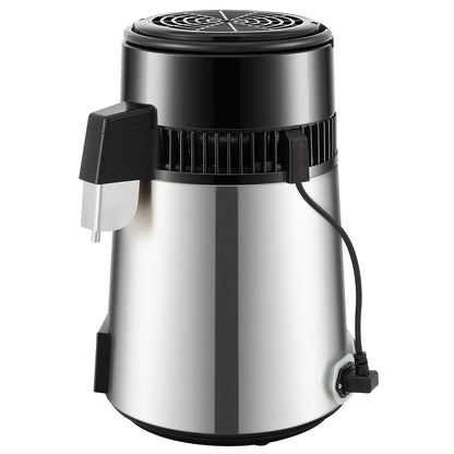 Wasserdestilliergerät, 1 l/h, 4 l destillierter Wasserbereiter mit 0-99-h-Zeitsteuerung, 750-W-Wasserreiniger für die Arbeitsplatte mit doppelter Temperaturanzeige, Glaskaraffe-Reinigungspulver, 3 Aktivkohlepackungen enthalten, FDA-zugelassen, Silber