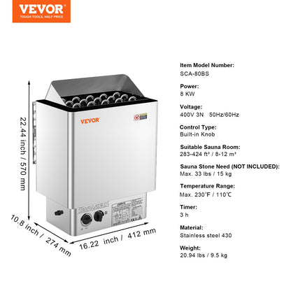 8KW Elektrisk bastuvärmare Inbyggd kontroll 8-12 m³HomeSpa rostfritt stål