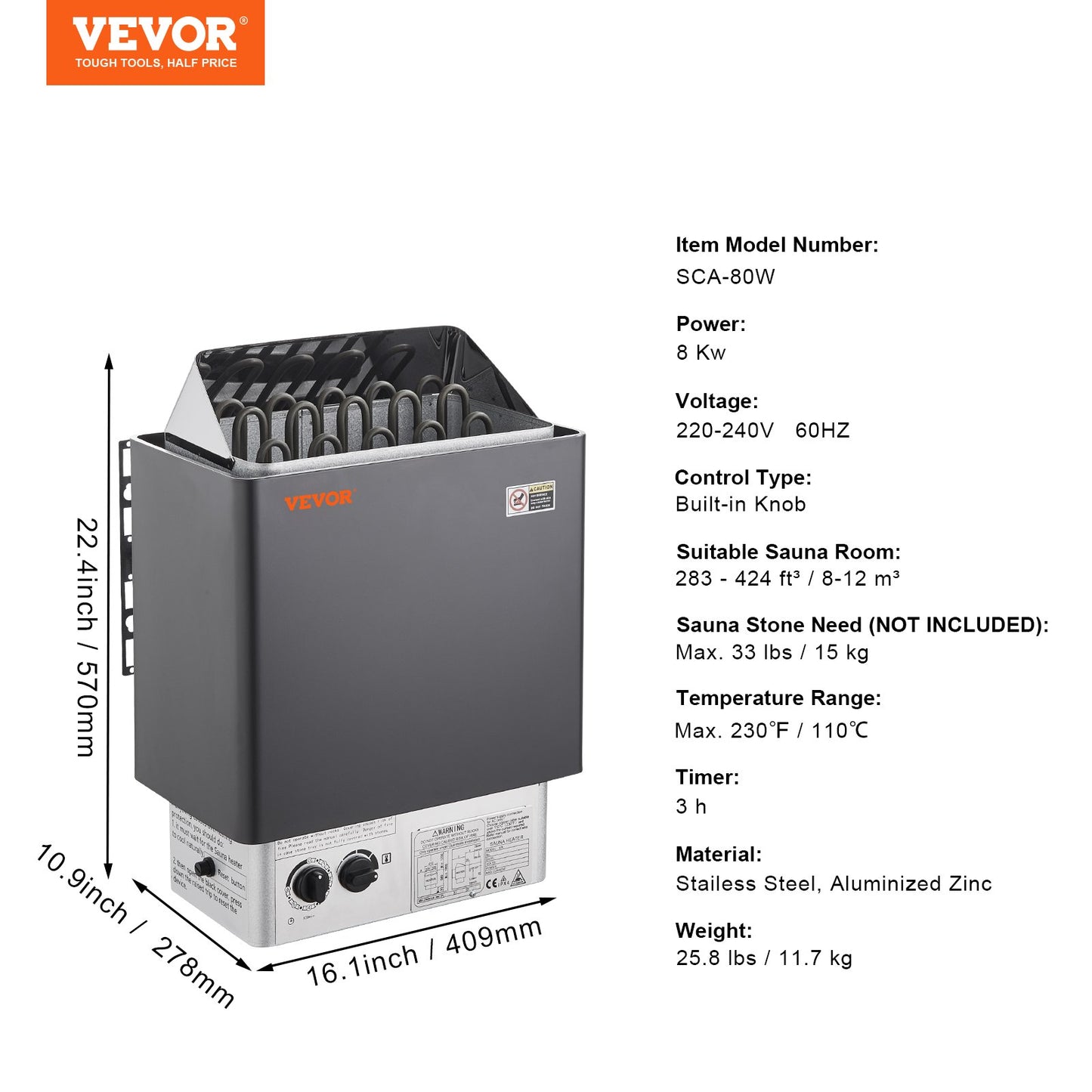 8KW Elektrisk Bastuvärmare Spis Inbyggd kontroll för 8-12 m³ Home Spa