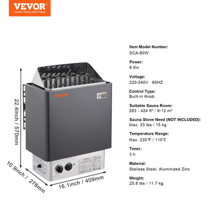 8KW Elektrisk Bastuvärmare Spis Inbyggd kontroll för 8-12 m³ Home Spa