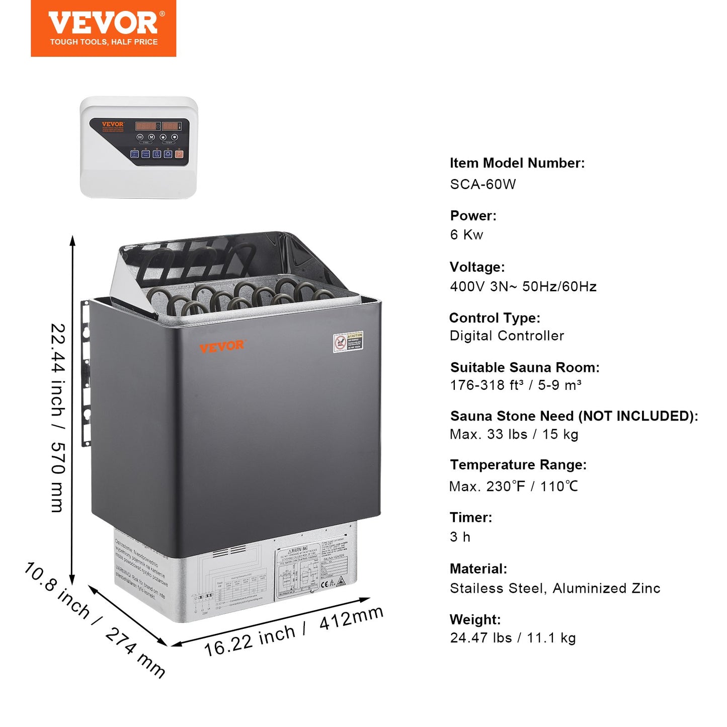 6KW Elektrisk Bastuvärmare Spis Digital Controller för 5-9 m³ Home Spa
